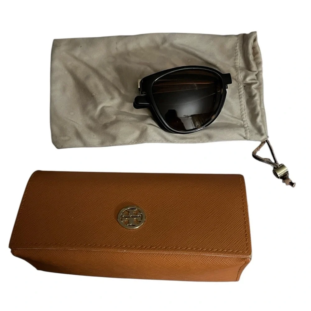 Tory Burch brown tortoise folding sunglasses with dark brown lens